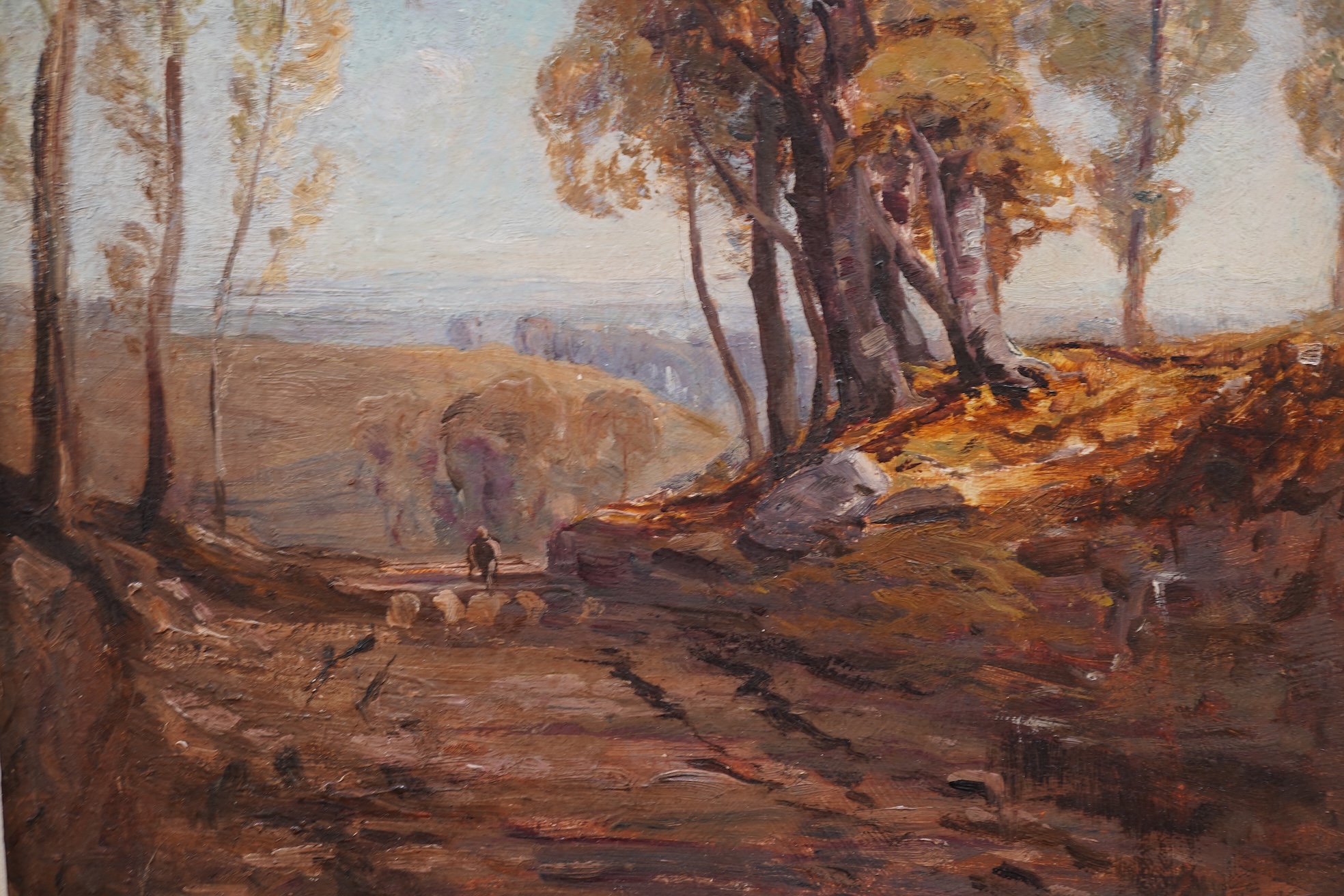 English School, Early 20th Century, Shepherd and his flock on a lane